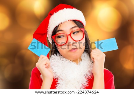 christmas winter happiness happy with red hat holding blank card showing signs