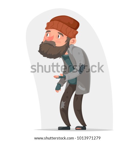 Homeless Bum Poor Male Character Beg Help Money Hand Isolated Icon Cartoon Design Vector Illustration