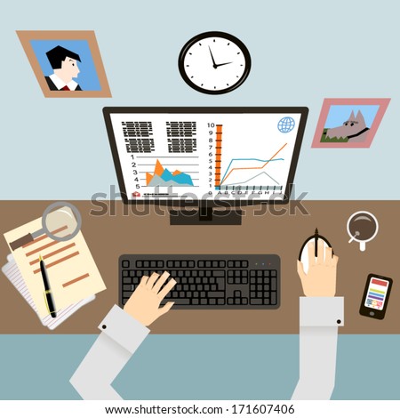 Workplace with Hands and Infographic in Flat Design Style vector