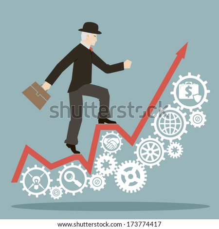 flat design style businessman goes to success on infographic and gears icons vector