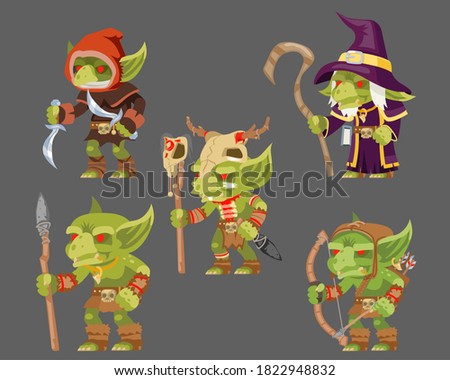 Goblins characters set dungeon monster army fantasy medieval action game RPG characters vector illustration