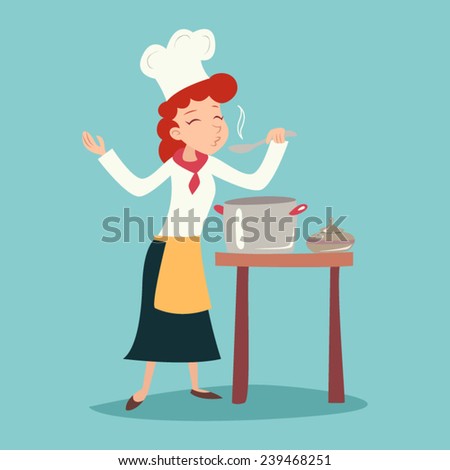 Vintage Happy Smiling Chief Cook Girl Tasting Dish Symbol Food Icon on Stylish Background Retro Cartoon Design Vector Illustration