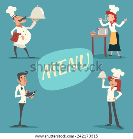 Happy Smiling Male and Female Chief Cook Waiter Garcon Serving Dish Accepts Order Symbol Food Icon on Stylish Background Retro Vintage Cartoon Design Vector Illustration