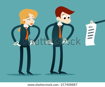 Out of money businessman cartoon character looking bill Icon on Stylish Background Retro Cartoon Design Vector Illustration