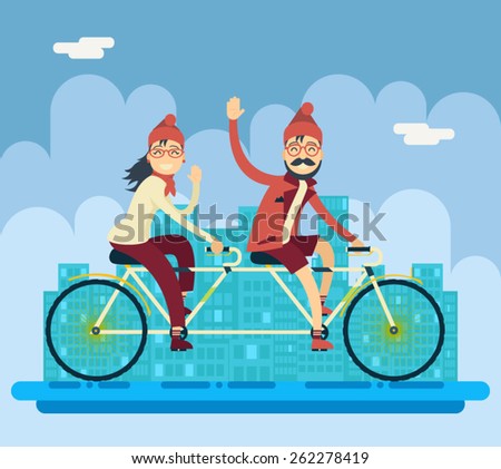 Hipster Male Female Characters Riding Companion Tandem Bicycle Concept Urban Landscape City Street Background Creative Flat Design Vector Illustration
