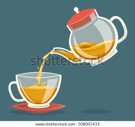 Pour Tea Drink from Glass Teapot Transparent Stream Flow Water Retro Vintage Cartoon Icon Design Vector Illustration