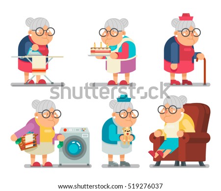 Household Granny Old Lady Character Cartoon Flat Vector illustration