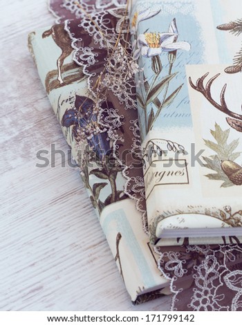 Rustic books with brown lace - woodland decor