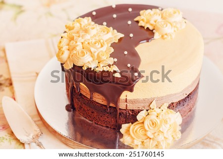 Cream mousse cake with dark chocolate. Pastel colored