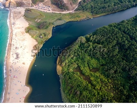 Aerial view of beach at the mouth of the Veleka River, Sinemorets village, Burgas Region, Bulgaria