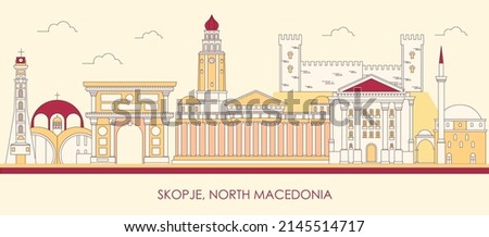Cartoon Skyline panorama of city of Skopje, North Macedonia - vector illustration
