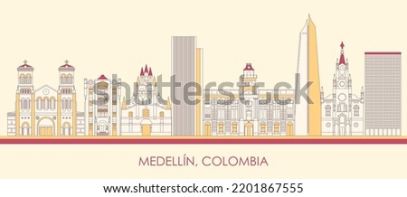 Cartoon Skyline panorama of city of Medellin, Colombia - vector illustration