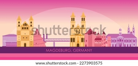 Sunset Skyline panorama of city of Magdeburg, Germany - vector illustration