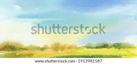 Summer (autumn) landscape  Abstract watercolor and acrylic flow blot smear painting. Color canvas texture horizontal long background.  Stock foto © 