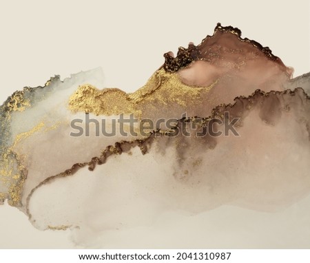 Art Abstract watercolor and acrylic flow blot painting. Brown, beige color with gold glitter. Canvas marble texture background. Alcohol ink.