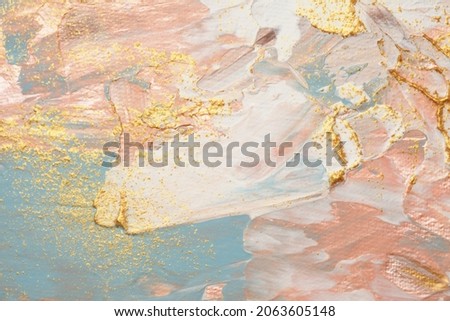 Art Abstract  acrylic and watercolor smear blot painting. Beige, blue and gold Color canvas texture horizontal background.