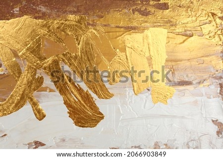Art Abstract acrylic and watercolor smear blot interior painting. White and gold Color canvas texture horizontal background.