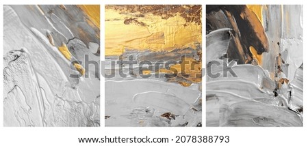Art acrylic and watercolor smear blot painting. Interior abstract triptych. Black, white and gold glitter color canvas texture horizontal background.