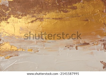 Art Abstract  acrylic smear blot painting. Beige and gold Color canvas texture copy space horizontal background.