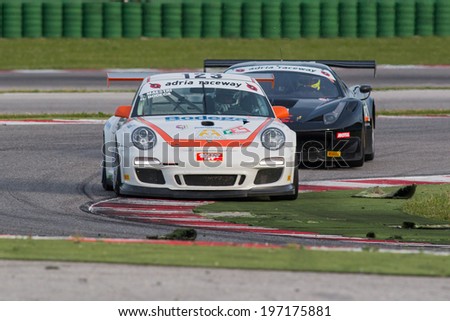 MISANO ADRIATICO, Rimini, ITALY - May 10:  A PORSCHE 997 CUP GTC of  DRIVE TECHNOLOGY ITALIA team, driven By BODEGA Giuseppe  and MAESTRI Stefano ,  the  C.I. Gran Turismo car racing on May 10, 2014