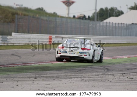MISANO ADRIATICO, Rimini, ITALY - May 10:  A Porsche 911 GT3 Cup of Gt Motorsport team, driven By BEN WALTER, the ,Porsche Carrera Cup car racing on May 10, 2014 in Misano Adriatico, Rimini, Italy.