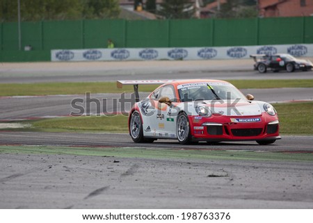 MISANO ADRIATICO, Rimini, ITALY - May 10:  A Porsche 911 GT3 Cup of Ghinzani Arco Motorsport team, driven By DE AMICIS Alberto (ITA), the ,Porsche Carrera Cup car racing on May 10, 2014