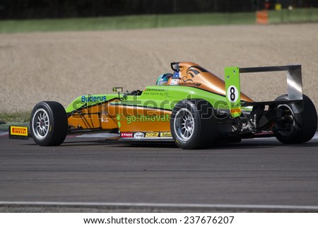 Imola, Italy - October 11, 2014: A Tatuus F.4 T014 Abarth of  Jenzer Motorsport team, driven By Mauron Lucas (Che),  the Italian F4 Championship car racing on October 11, 2014 in Imola, Italy.