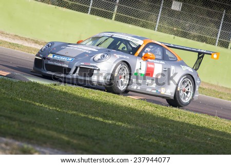 Imola, Italy - October 11, 2014: A Porsche 911 Gt3 Cup of Heaven Motorsport team, driven By Fulgenzi Enrico (Ita),  the Porsche Carrera Cup Italia car racing on October 11, 2014 in Imola, Italy.