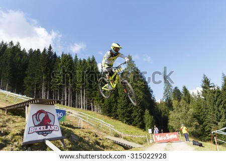 Val Di Sole, Italy - 22 August 2015: Gt Factory Racing Team,  Rider Vernon Taylor in action during the mens elite Downhill final World Cup at the Uci Mountain Bike in Val di Sole, Trento, Italy