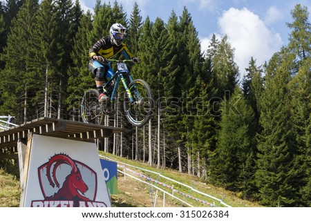 Val Di Sole, Italy - 22 August 2015: Bergamont Hayes Components Factory Team,  Rider Chapman Rupert, in action during the mens elite Downhill final World Cup at the Uci Mountain Bike