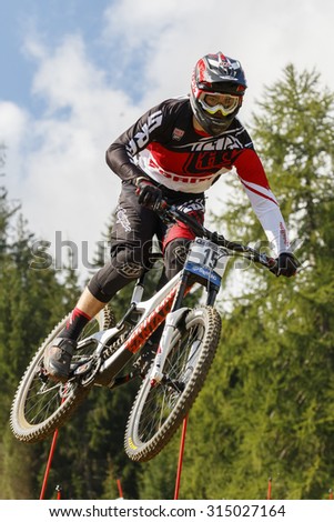 Val Di Sole, Italy - 22 August 2015: Sram/Tld Racing Team,  Rider Shaw Luca in action during the mens elite Downhill final World Cup at the Uci Mountain Bike in Val di Sole, Trento, Italy