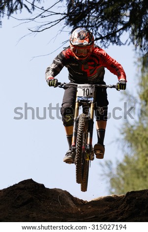 Val Di Sole, Italy - 22 August 2015: Norco Factory Racing Team rider Blenkinsop Samuel, in action during the mens elite Downhill final World Cup at the Uci Mountain Bike in Val di Sole, Trento, Italy