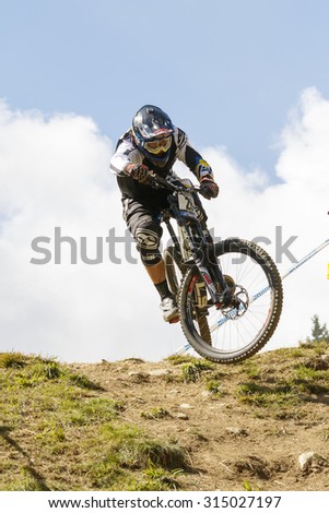 Val Di Sole, Italy - 22 August 2015: Bulls Ã¢?? Dh Team,  Rider Masters Wyn in action during the mens elite Downhill final World Cup at the Uci Mountain Bike in Val di Sole, Trento, Italy