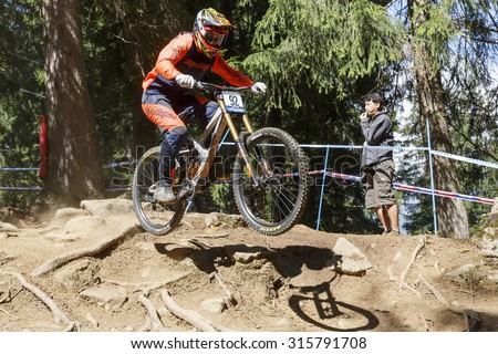 Val Di Sole, Italy - 22 August 2015: BEER Matthew in action during the mens elite Downhill final World Cup at the Uci Mountain Bike in Val di Sole, Trento, Italy
