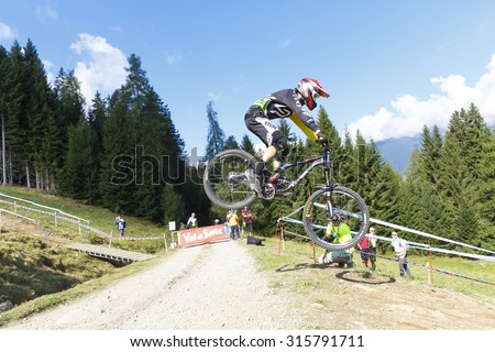 Val Di Sole, Italy - 22 August 2015: BARANEK Rastislav in action during the mens elite Downhill final World Cup at the Uci Mountain Bike in Val di Sole, Trento, Italy