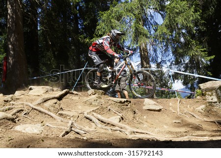 Val Di Sole, Italy - 22 August 2015: Steve Peat Syndicate Global Team,  Rider Williamson Jay in action during the mens elite Downhill final World Cup at the Uci Mountain Bike in Val di Sole