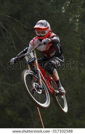 Val Di Sole, Italy - 22 August 2015: TREK WORLD RACING Team,  Rider WILLIAMSON Greg, in action during the mens elite Downhill final World Cup at the Uci Mountain Bike in Val di Sole, Trento, Italy