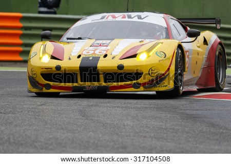 Imola, Italy May 16, 2015: Ferrari F458 Italia of JMW MOTORSPORT Team, driven by George Richardson  - Robert Smith - Samuel Tordoff in action during the European Le Mans Series - 4 Hours of Imola