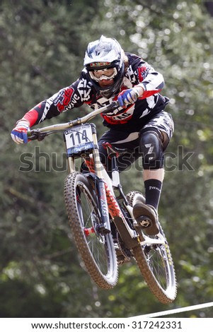 Val Di Sole, Italy - 22 August 2015: Steve Peat Syndicate Global Team,  Rider Williamson Jay in action during the mens elite Downhill final World Cup at the Uci Mountain Bike in Val di Sole, Trento
