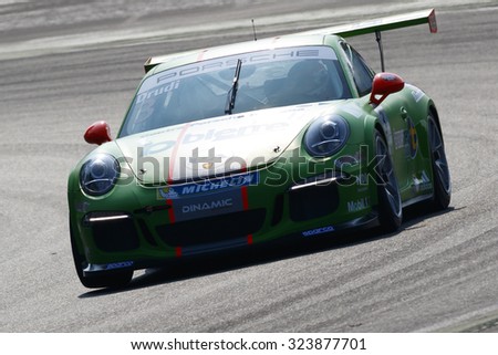 Monza, Italy - May 30, 2015: Porsche 911 GT3 Cup of Dinamic Motorsport team, driven  by DRUDI Mattia during the Porsche Carrera Cup Italia - Race in Autodromo Nazionale di Monza Circuit