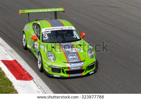 Monza, Italy - May 30, 2015: Porsche 911 GT3 Cup of Dinamic Motorsport team, driven  by DRUDI Mattia during the Porsche Carrera Cup Italia - Race in Autodromo Nazionale di Monza Circuit
