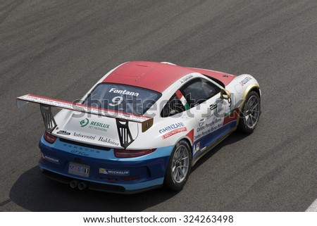 Monza, Italy - May 30, 2015: Porsche 911 GT3 Cup of Ghinzani Arco Motorsport team, driven  by Andrea Fontana during the Porsche Carrera Cup Italia - Race in Autodromo Nazionale di Monza Circuit
