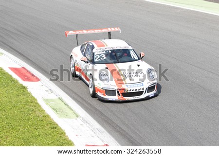Monza, Italy - May 30, 2015: Porsche 911 GT3 Cup of Antonelli Motorsport - Centro Porsche Padova team, driven  by Takashi Kasai during the Porsche Carrera Cup Italia