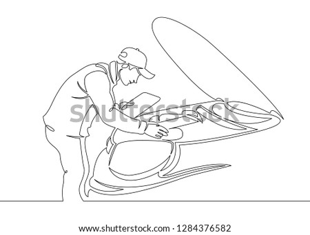 One continuous single drawn line art doodle mechanic, car, garage, service, auto, repair, vehicle, shop, engine, workshop .Isolated image of a hand drawn outline on a white background.