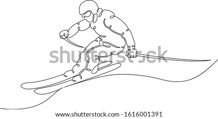 Thin one continuous line illustration drawing Austria skier, skiing, descent from the mountain. Winter sport and tourism concept