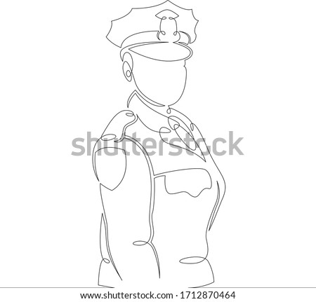 One continuous drawing line Uniformed police officer. Girl in policeman cap .Single hand drawn art line doodle outline isolated minimal  illustration cartoon character flat