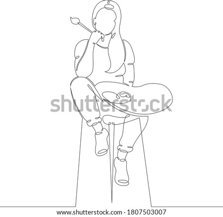 One continuous drawing line logo portrait young woman artist with palette and brush sits on bar stool .Single hand drawn art line doodle outline isolated minimal illustration cartoon character flat