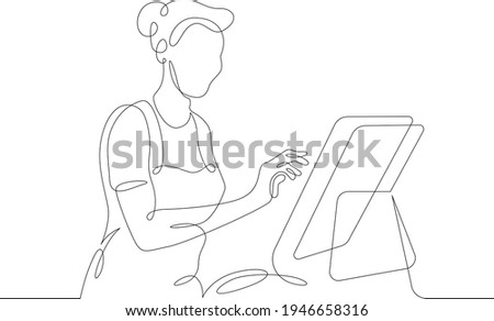 Seller cashier of a restaurant in a street fast food cafe at work. Drinks and meals. Carbonated drinks and sandwiches.One continuous drawing line  logo single hand drawn art doodle isolated minimal