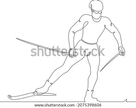 Athlete skier runs along the track. Portrait of a skier on a  winter ski track.Winter sports.Cross country skiing. One continuous line .One continuous drawing line logo isolated minimal illustration.