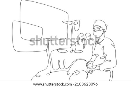 One continuous line.Doctor surgeon performs an operation using a monitor. Laparoscopy surgery.Continuous line drawing abstract logo.Lineart isolated white background.